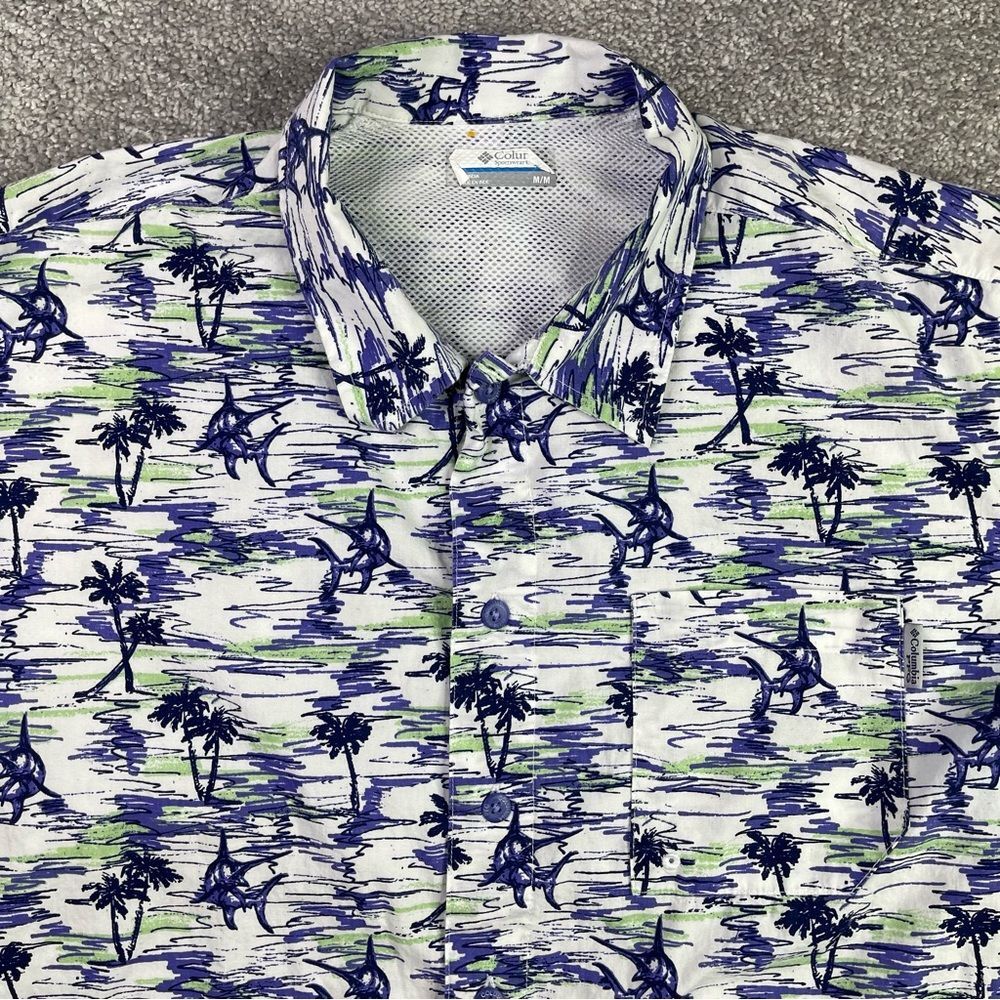 Columbia PFG Fishing Shirt Marlin Palm Tree Print Blue Button Up Mens Medium